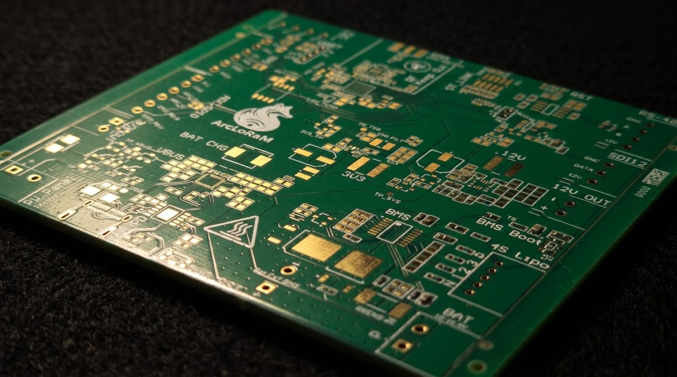 The bare V1 circuit board before assembly, showing gold pads and silkscreen labels for the battery, sensor and power sections