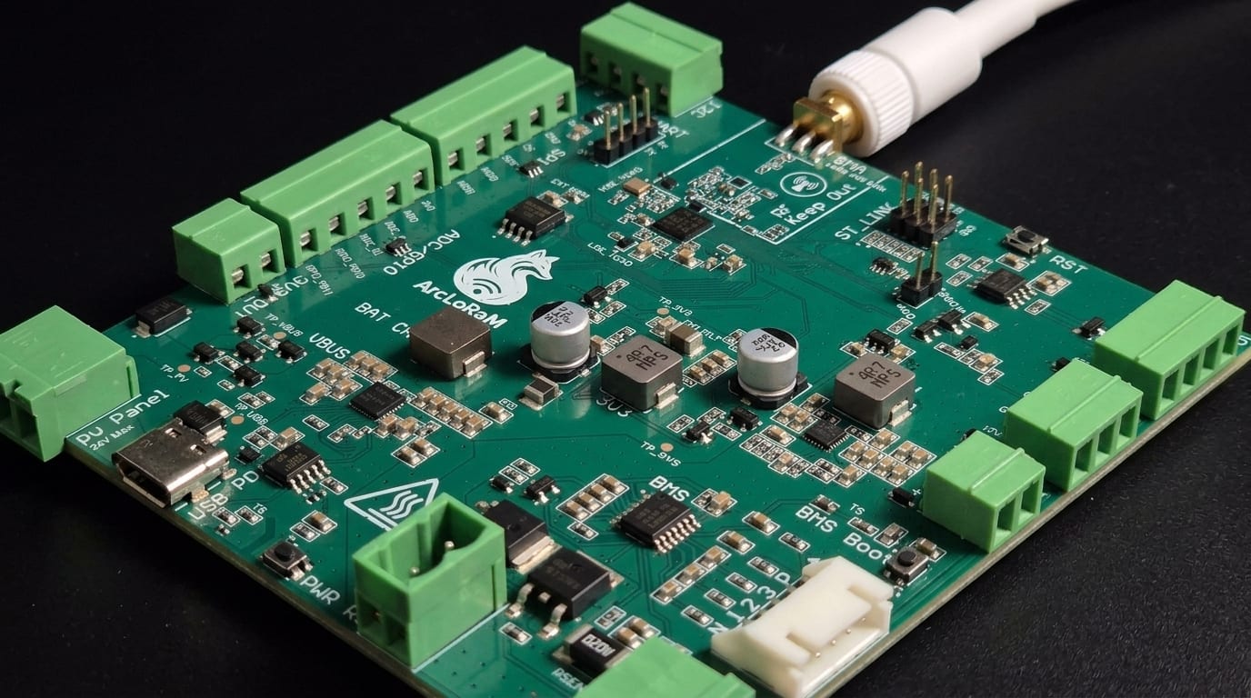 The assembled V1 board, green, with terminal blocks along its edges and an antenna cable attached