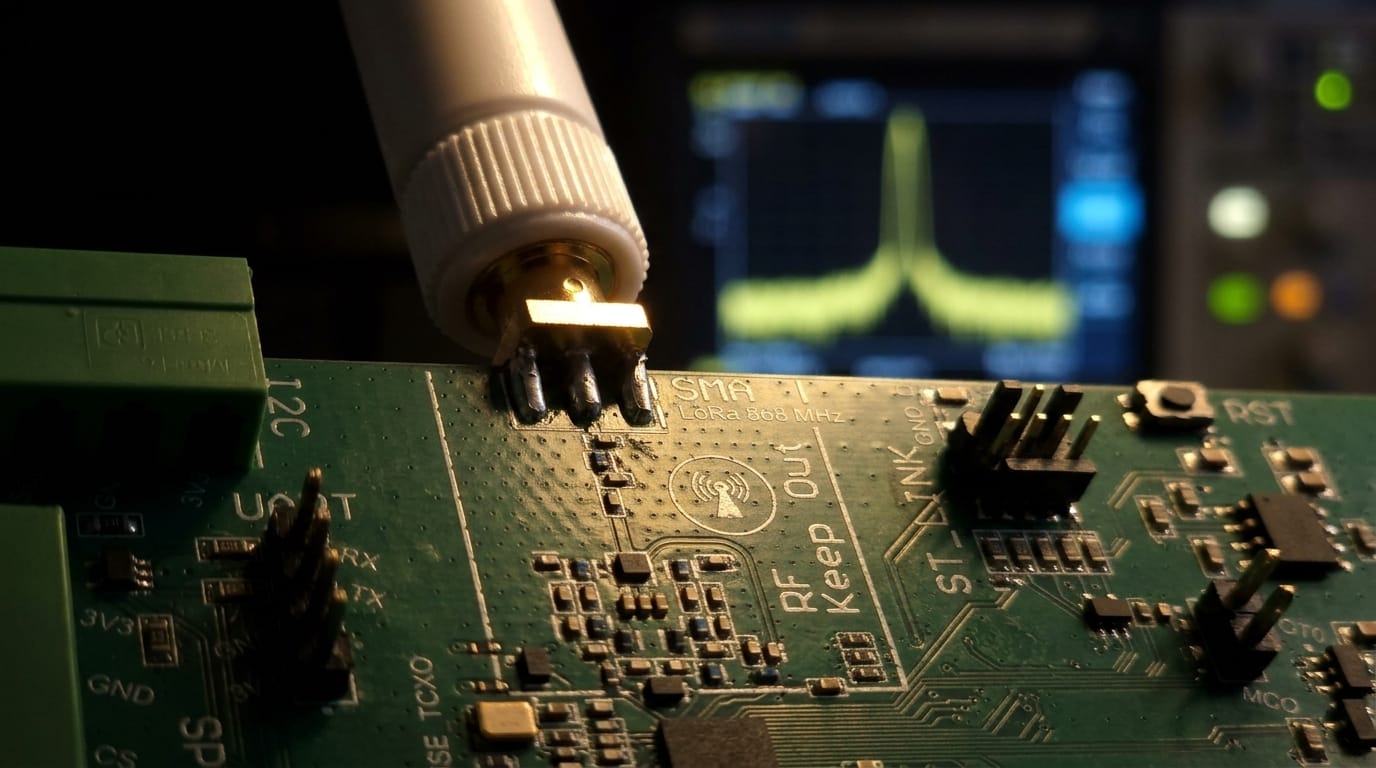 Close-up of the antenna connector and the 868 MHz radio section of the V1 board, with a spectrum trace on an instrument behind it
